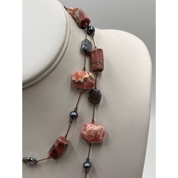 Margo Morrison Rhodochrosite Grey Coated Moonstone and Pearl Crystal Necklace - Picture 8 of 14